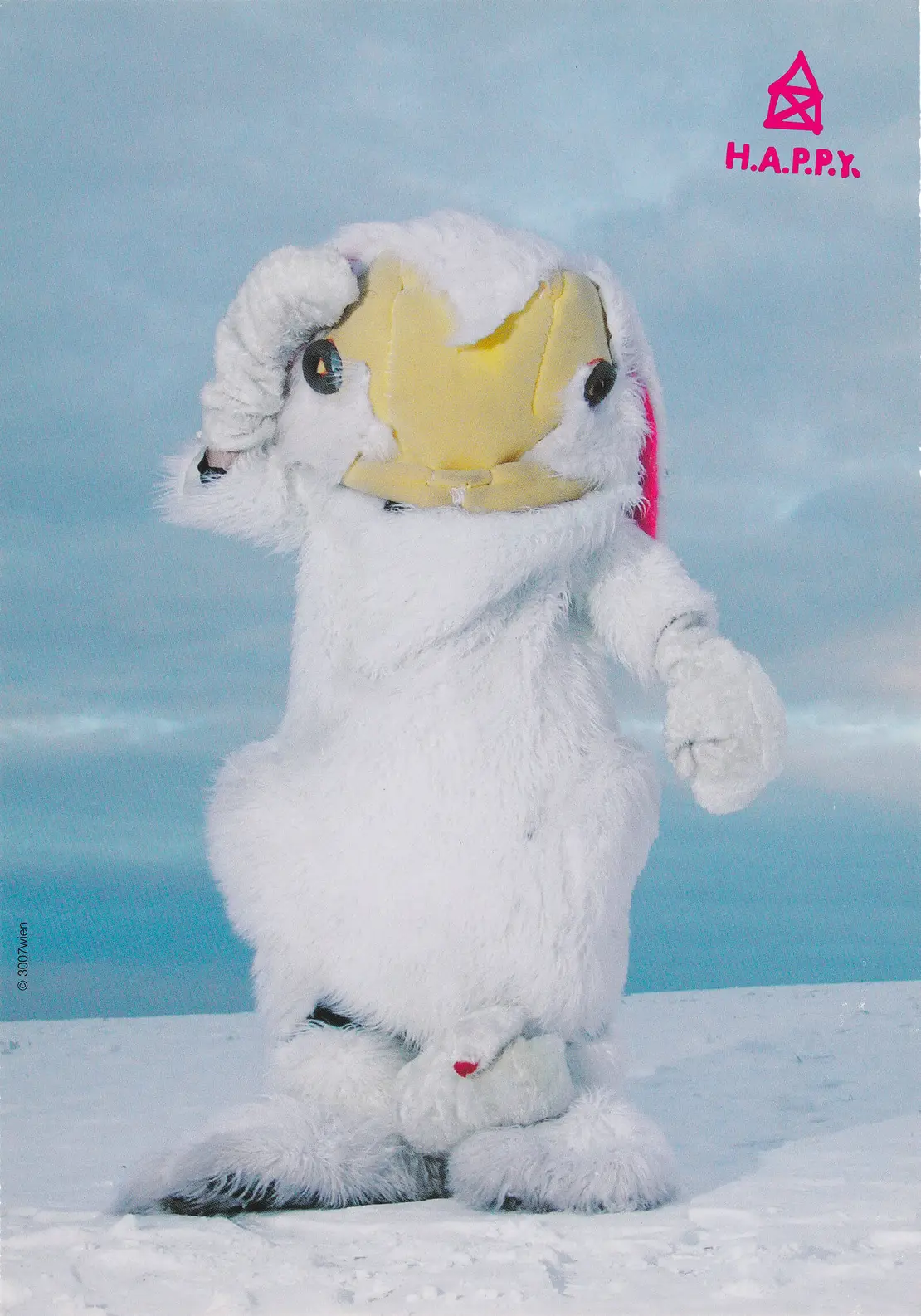 Einladung zur Ausstellung „H.A.P.P.Y – Jugendhaare einer Kaiserin. 20 Jahre Club, Bande und Happyning“, kuratiert von Roland Fischer-Briand, Galerie Georg Kargl Permanent, 2013, Foto/Grafik: (c) 3007wien; H.A.P.P.Y-Archiv / Christopher Wurmdobler und Orlando Pescatore. Das Bild entstand ursprünglich 2004 für das erste H.A.P.P.Y-Buch, das Kostüm ist von Thomas „Tomtschek“ Seidl (und er trägt es auf diesem Bild auch selbst).