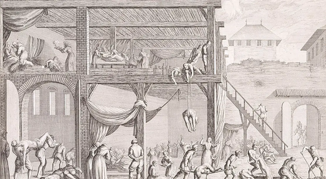Lazarett mit Pestkranken, Kupferstich nach Lodovico Burnacini (1636-1707), der während der großen Pestepidemie in Wien lebte. Wien Museum  