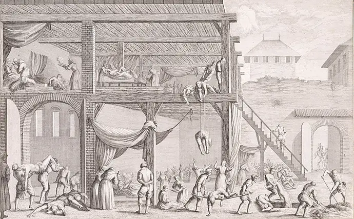 Lazarett mit Pestkranken, Kupferstich nach Lodovico Burnacini (1636-1707), der während der großen Pestepidemie in Wien lebte. Wien Museum