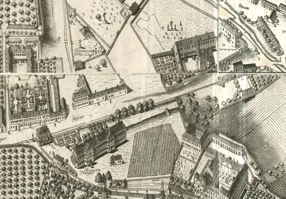 Das Bäckenhäusel (links unten) und das Pestlazarett (rechts oben) auf dem gesüdeten Vogelschauplan von Joseph Daniel Huber, der die Stadt und die Vorstädte um 1770 zeigt (Wiener Stadt- und Landesarchiv, Pläne und Karten: Sammelbestand, P1: 11 [Druck 1778])  