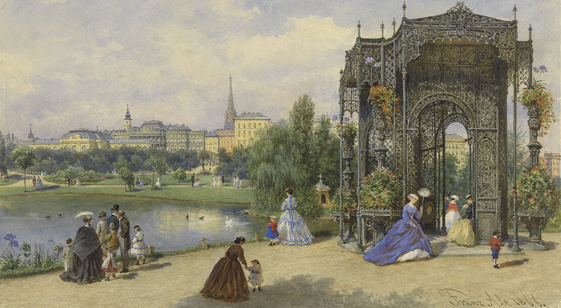 Franz Alt: Der Stadtpark mit dem eisernen Pavillon, 1866, Aquarell, Wien Museum 