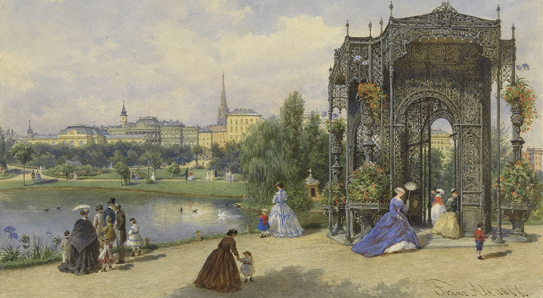 Franz Alt: Der Stadtpark mit dem eisernen Pavillon, 1866, Aquarell, Wien Museum