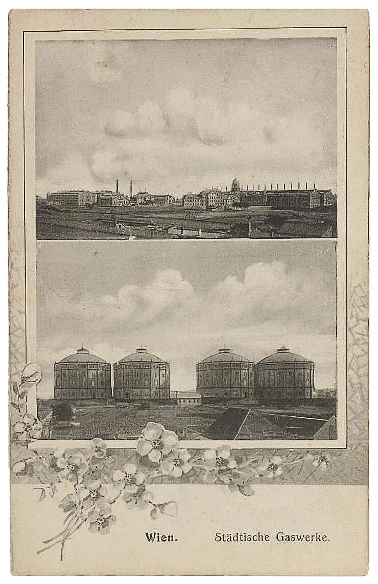 Gasometer um 1910, Ansichtskarte Sammlung Wien Museum