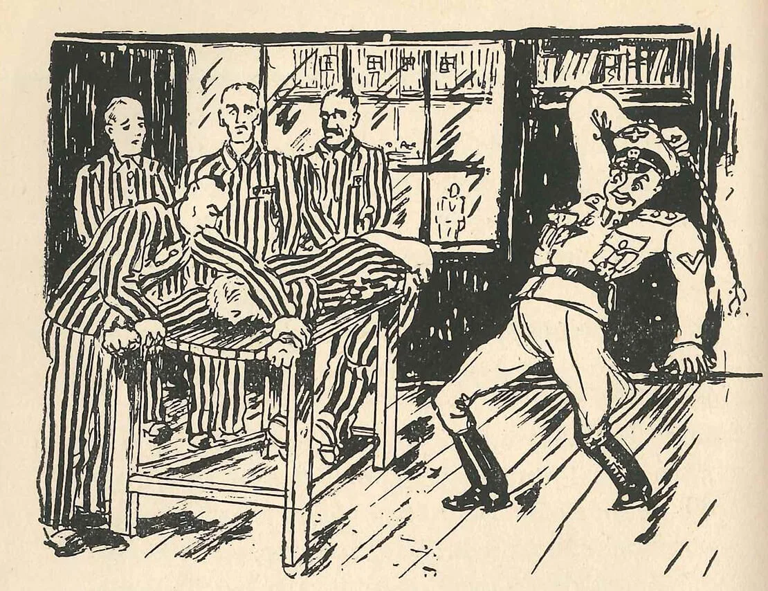 Illustration aus Hugo Walleitners  „ZEBRA – Ein Tatsachenbericht aus dem Konzentrationslager Flossenbürg“. Selbstverlag, Bad Ischl, ohne Jahresangabe (vermutlich 1947), QWIEN - Zentrum für queere Geschichte  
