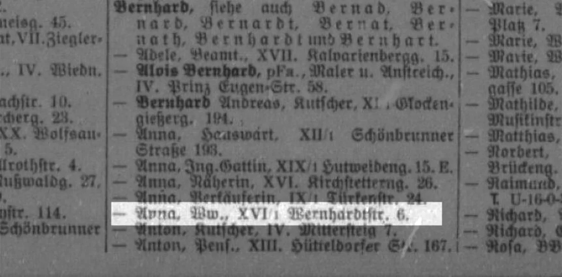 Thomas Bernhards Großmutter Anna in Adolph Lehmann's allgemeinem Wohnungs-Anzeiger, 1931, Quelle: Wienbibliothek im Rathaus