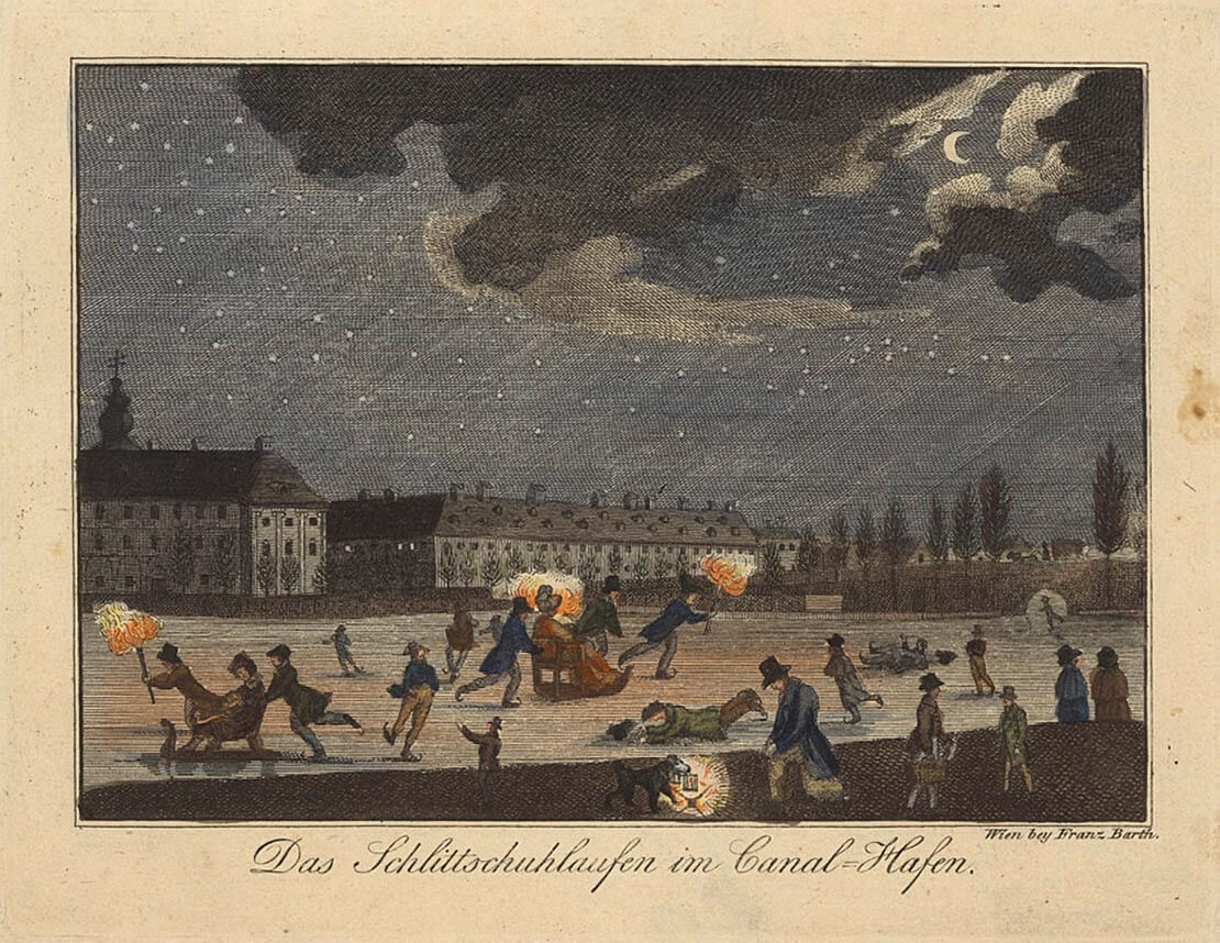 Schlittschuhlaufen am Kanalhafen, kolorierte Lithografie, undatiert, Sammlung Wien Museum 