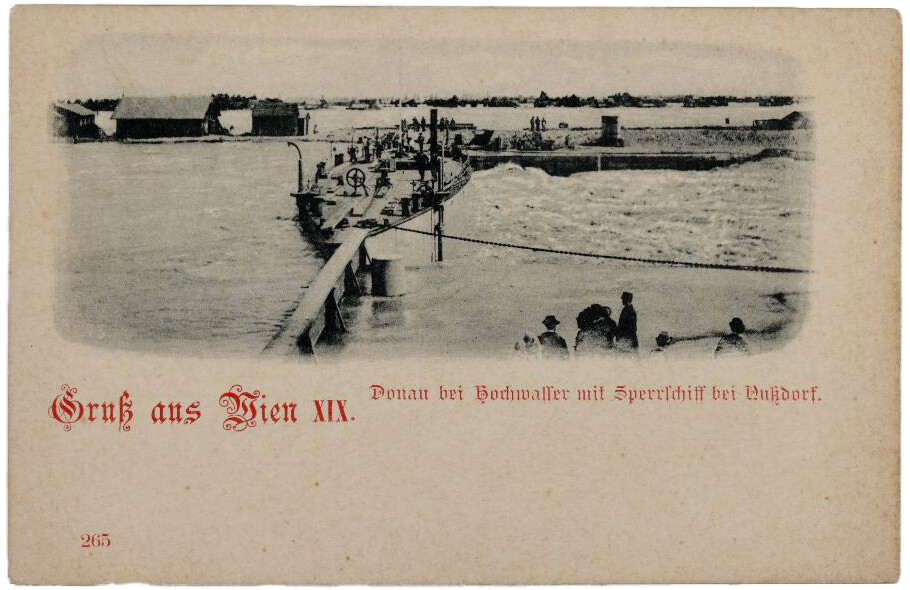 Donau bei Hochwasser mit Sperrschiff bei Nußdorf, Ansichtskarte, um 1898, Sammlung Wien Museum 