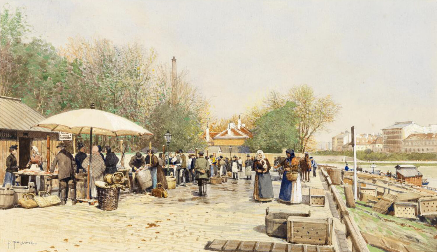 Franz Poledne: Fischmarkt am Schanzel, 1895, Aquarell, Sammlung Wien Museum 