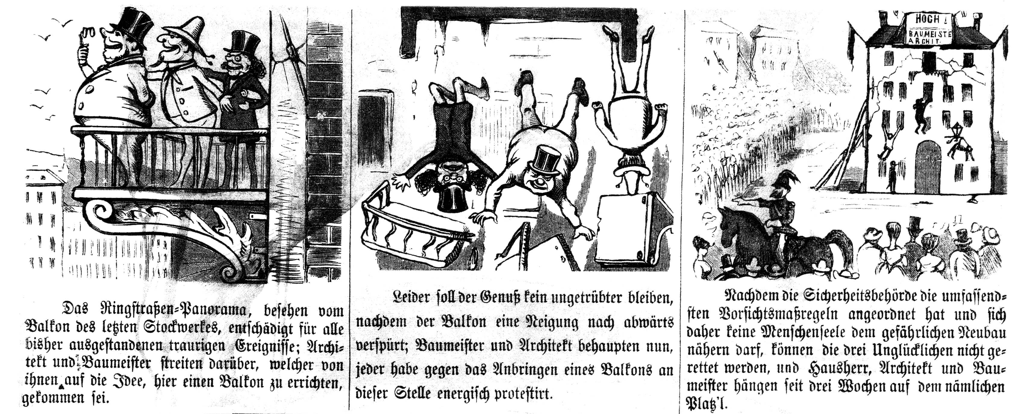 Kikeriki, 25. April 1870: „Wie der Hausherr Glimpfinger zum ersten Mal sein neues Haus in der Ringstraßen-Gegend besichtigt.“ (Ausschnitt), Quelle: Anno/ÖNB 