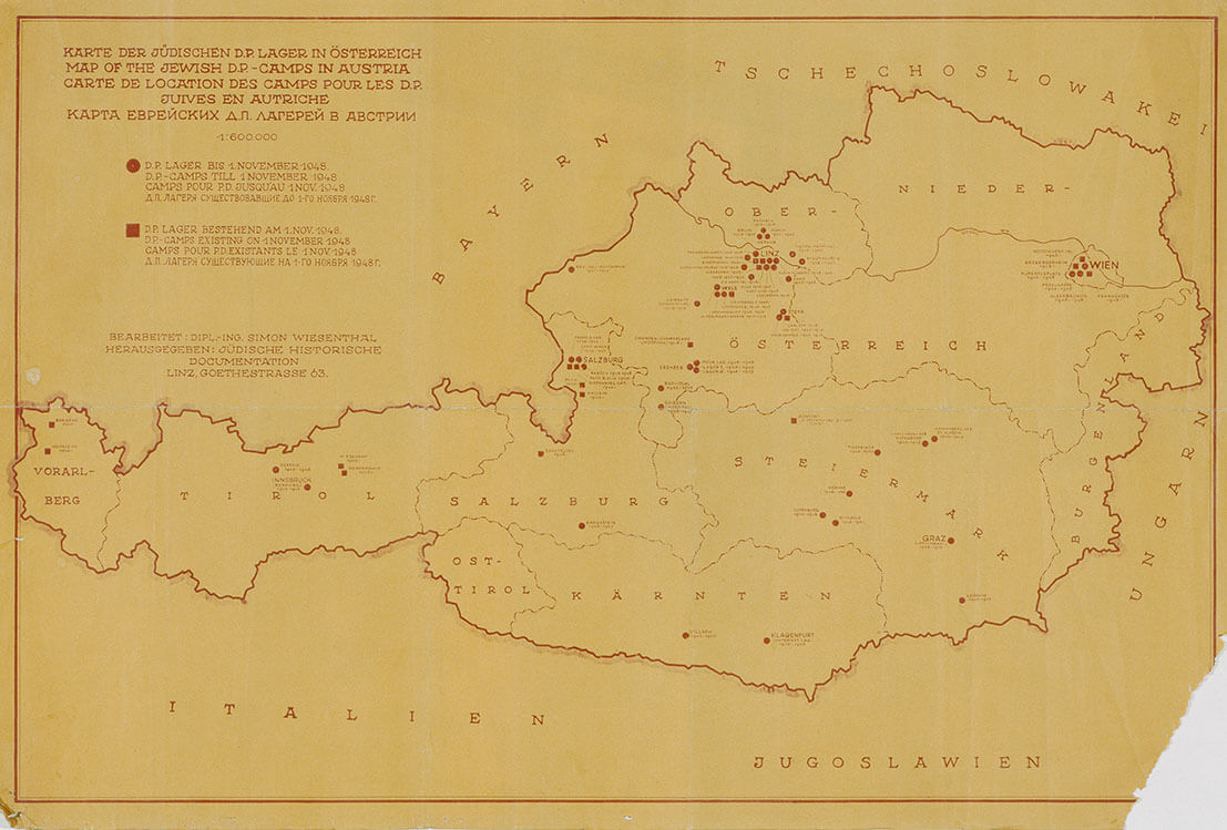 Karte von Simon Wiesenthal zu den jüdischen DP-Lagern in Österreich, Linz 1948, © Wiener Wiesenthal Institut für Holocaust Studien (VWI) 