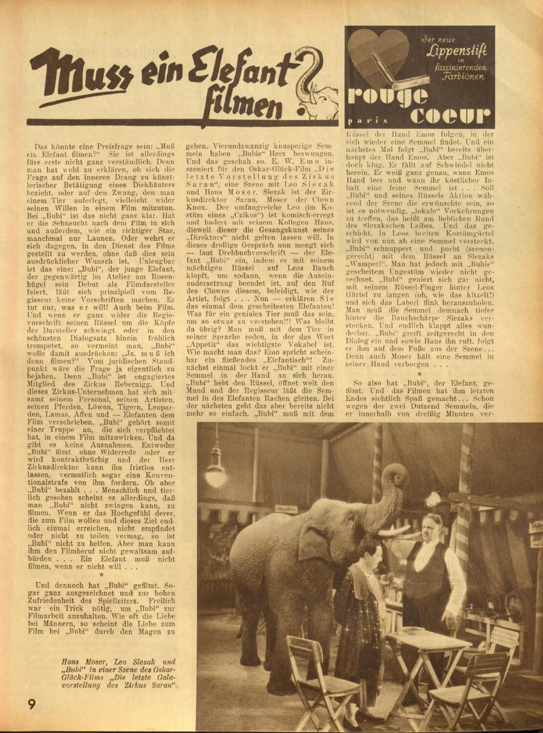 Elefant Bubi als Filmschauspieler, aus: Mein Film, H. 493/1935, S. 9., Quelle: Anno/ÖNB 