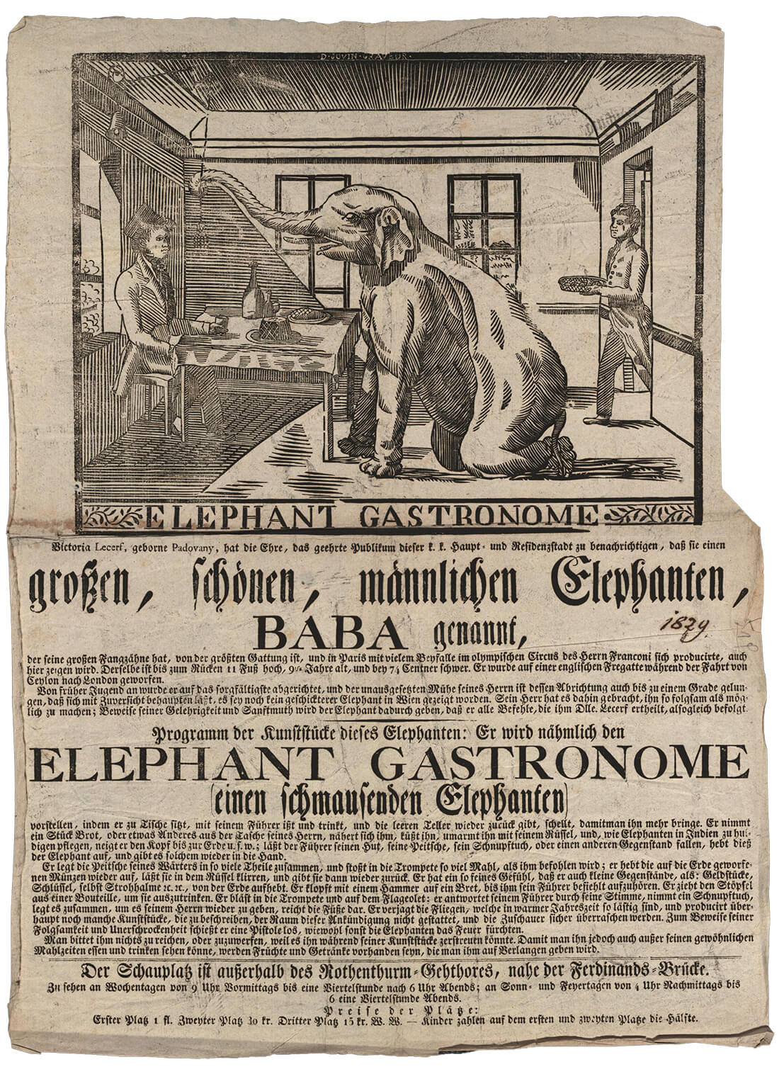 Ankündigungsplakat für die Zurschaustellung des Elefanten der Madame Lecerf, um 1829, Wienbibliothek 