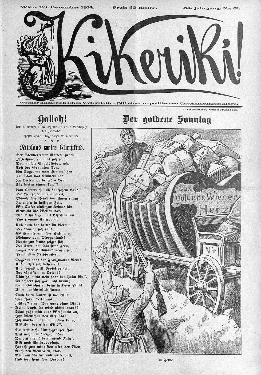 Illustration Goldener Sonntag im Felde, Kikeriki, 20. Dezember 1914 