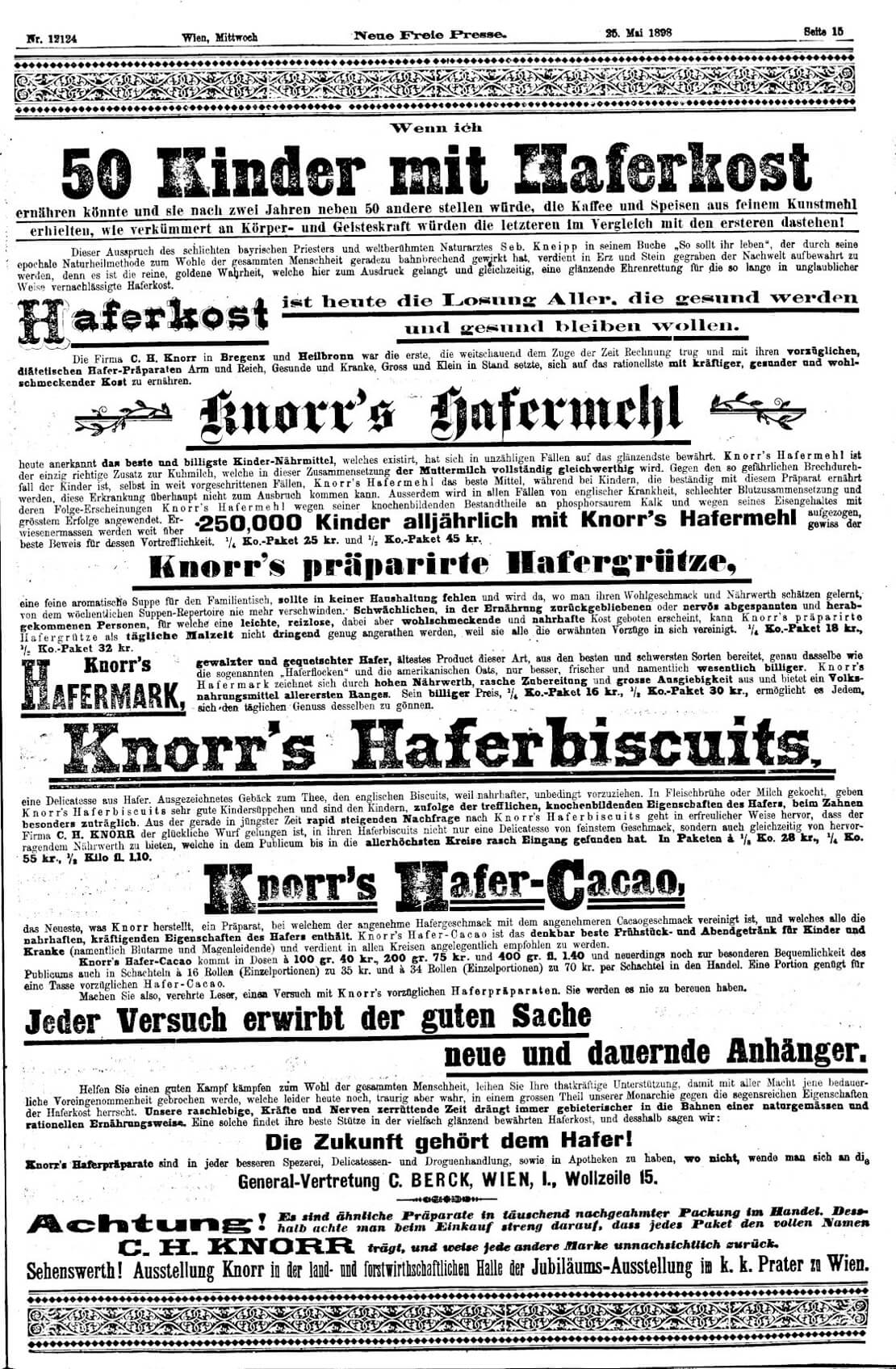Reklame für Haferprodukte der Firma Knorr, in: Neue Freie Presse, 25. Mai 1898, ÖNB (Anno) 