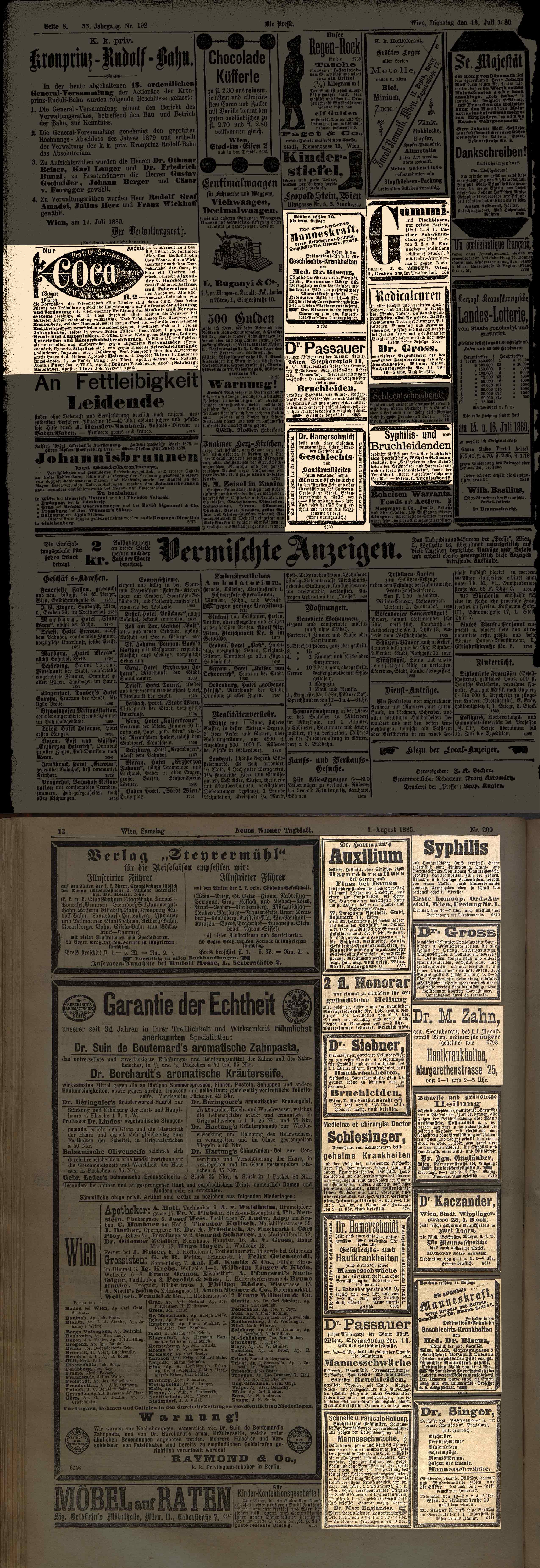 Die Presse, 13. Juli 1880 und Neues Wiener Tagblatt, 1. August 1885, Quelle: Anno/ÖNB 