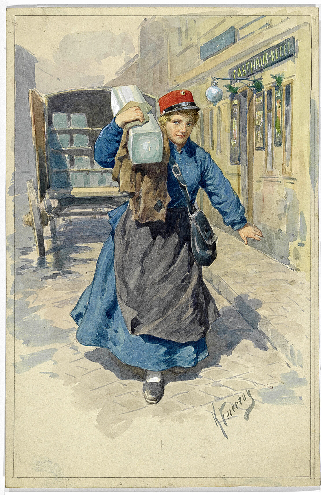 Eisblockverkäuferin in Wien zur Zeit des Ersten Weltkriegs, Aquarell von Karl Feiertag, Wien Museum 
