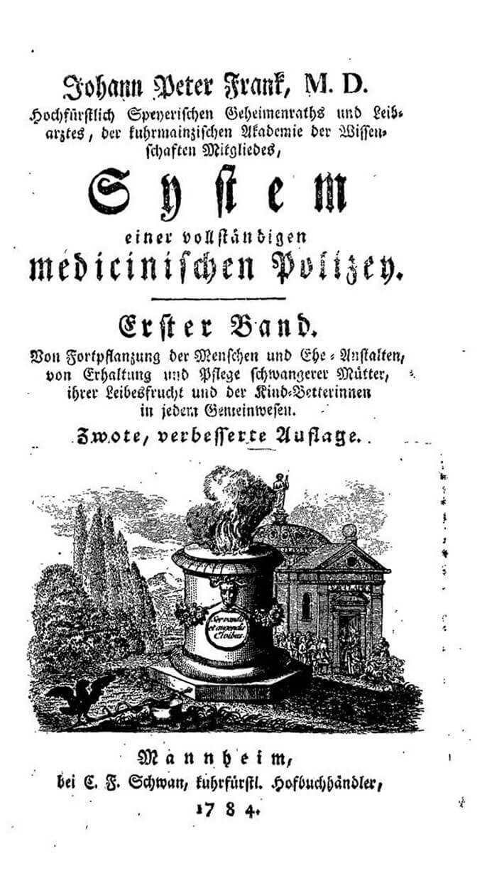 Mit seinem monumentalen Werk „System einer vollständigen medizinischen Polizey“ (1779 bis 1819) schuf Johann Peter Frank die Grundlagen für die moderne Hygiene, Universitätsbibliothek der Medizinischen Universität Wien 
