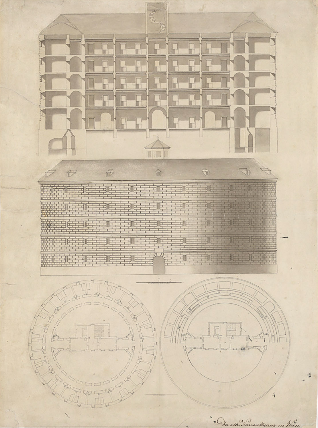 Der sog. Narrenturm im Alten Allgemeinen Krankenhaus, undatierte Federzeichnung, Wien Museum 