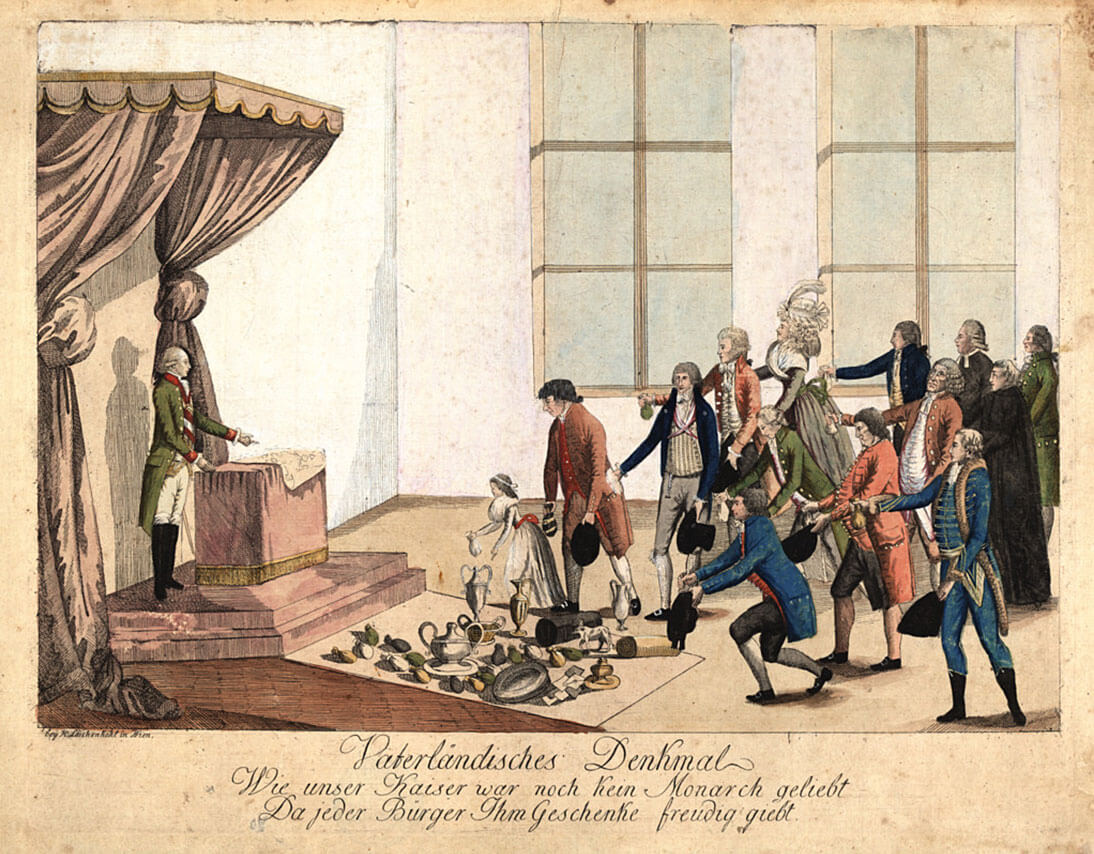 Hiernoymus Löschenköhl: Die Wiener Bürger huldigen Joseph II, kolorierter Kupferstich, 1782-92, Wien Museum 