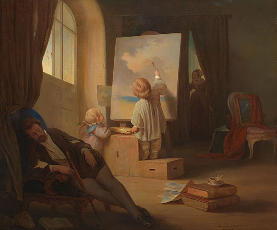 Josef Danhauser: Der schlafende Maler, 1841, Öl auf Holz, Wien Museum 