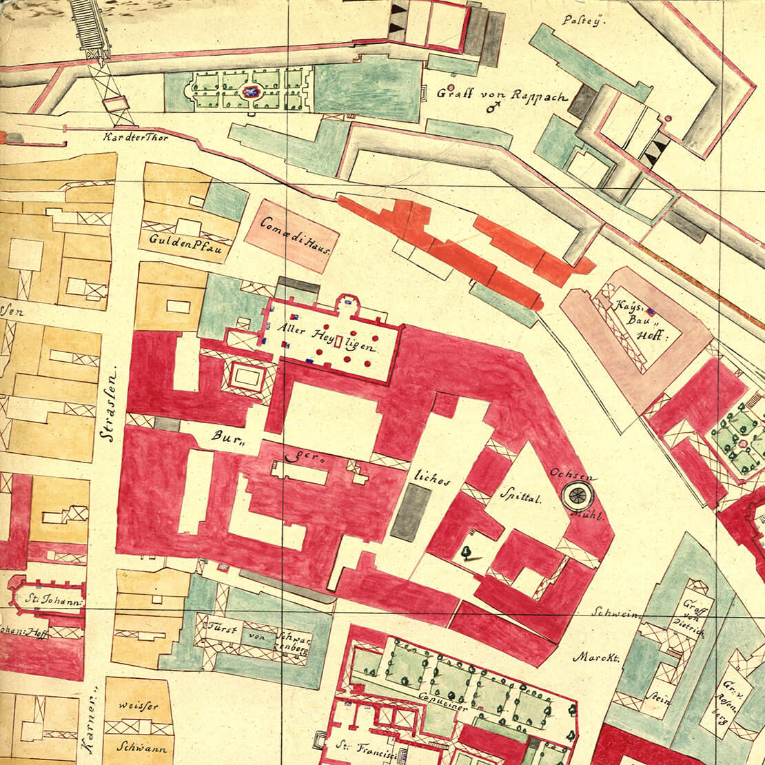 Bürgerspital (roter Komplex) auf einem Ausschnitt aus dem gesüdeten Stadtplan von Werner Arnold Steinhausen, 1710 (Reproduktion 1847), WStLA, Pläne und Karten: Sammelbestand, P1: 234 