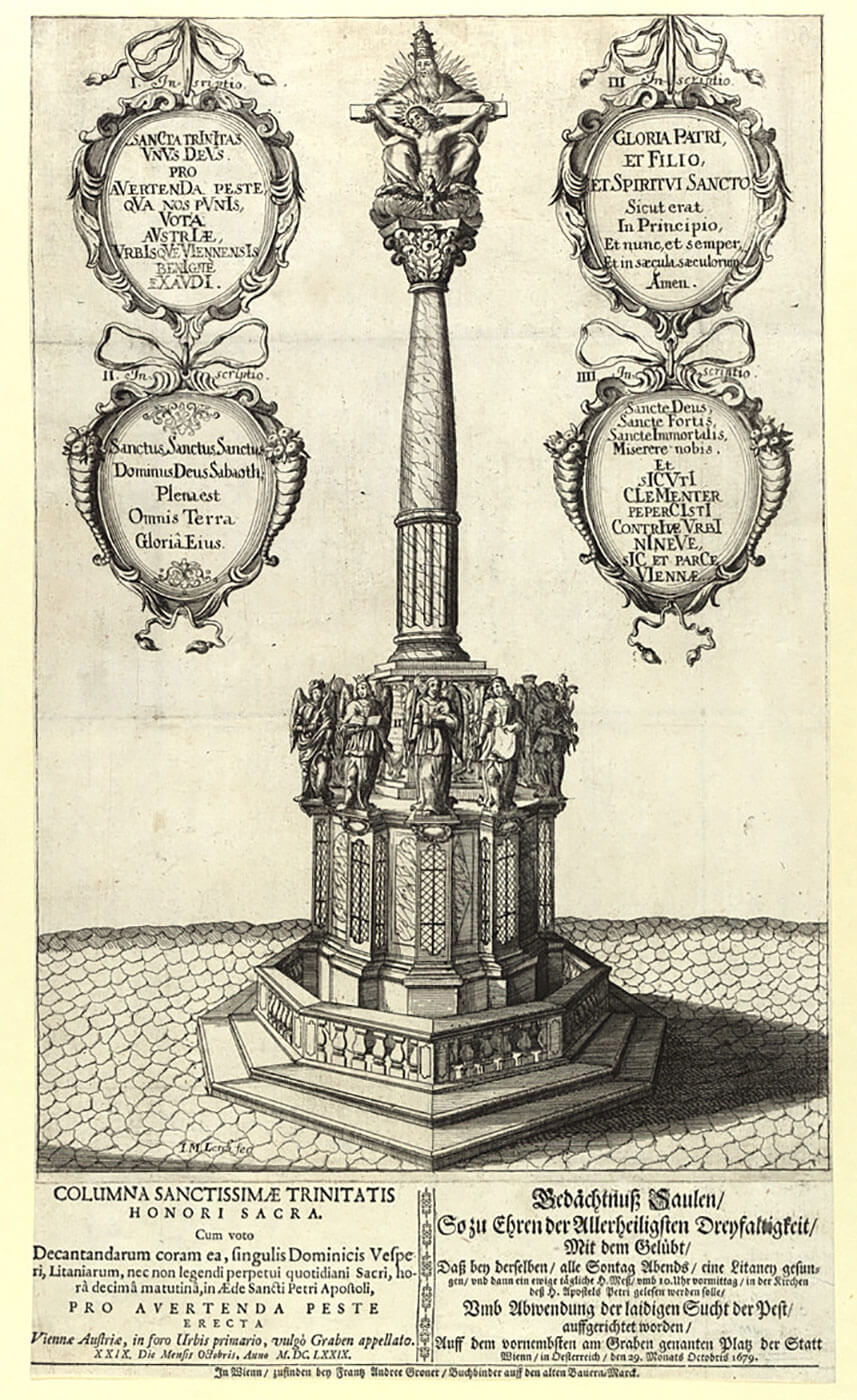Johann Martin Lerch: Die provisorische hölzerne Pestsäule auf dem Graben, Radierung, 1679, Sammlung Wien Museum 