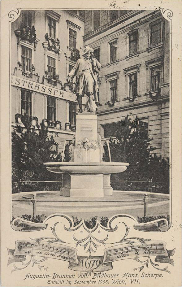 Postkarte des Augustin-Brunnens in der Neustiftgasse, 1909, Wien Museum 