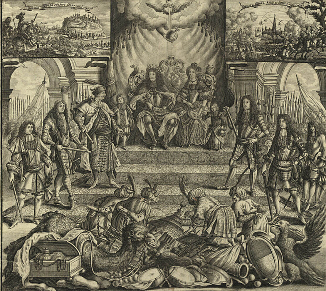 Das Gefolge von Kaiser Leopold I. (hier mit Familie und den Verbündeten von 1683 als Türkensieger dargestellt) sorgte für eine Spur der Ansteckung in Österreich. Kupferstich, nach 1683, Wien Museum 