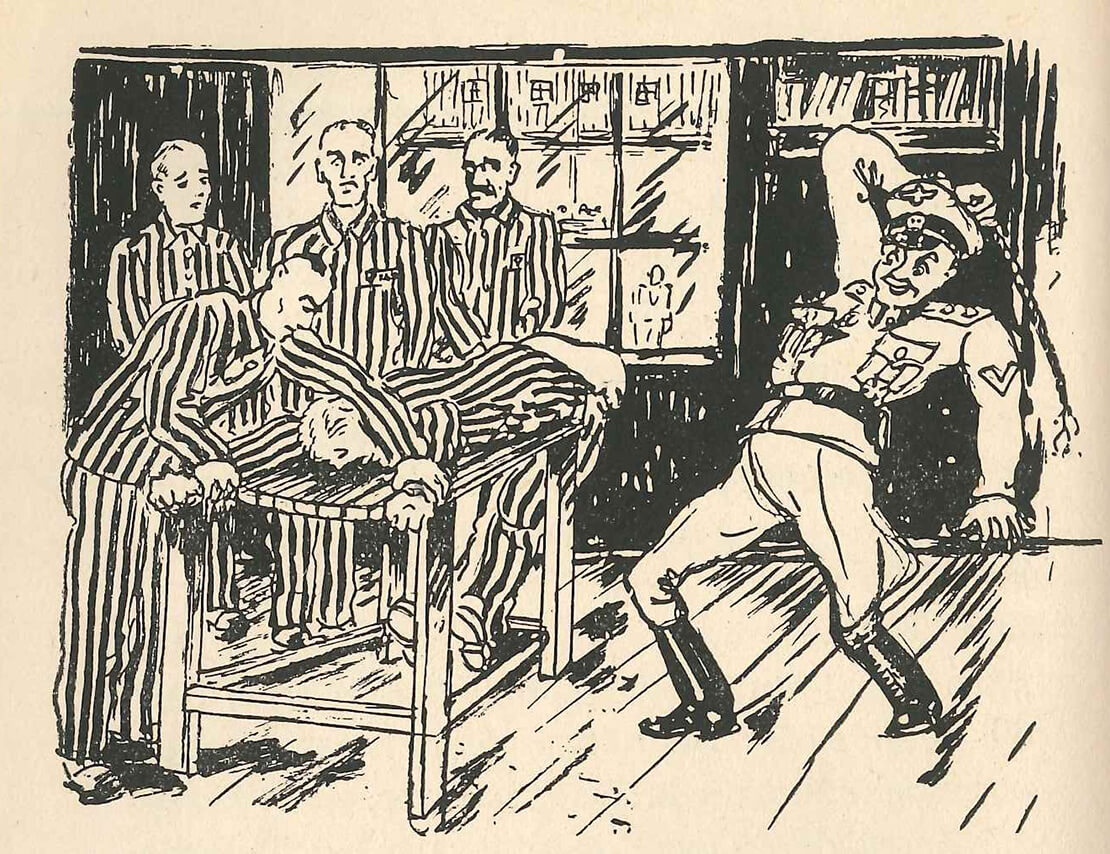 Illustration aus Hugo Walleitners „ZEBRA – Ein Tatsachenbericht aus dem Konzentrationslager Flossenbürg“. Selbstverlag, Bad Ischl, ohne Jahresangabe (vermutlich 1947), QWIEN - Zentrum für queere Geschichte 