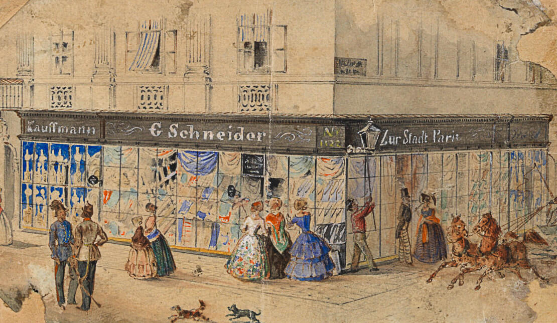 G. Schneiders Geschäft „Zur Stadt Paris“, Ecke Graben/Dorotheergasse, um 1840/50, Wien Museum 