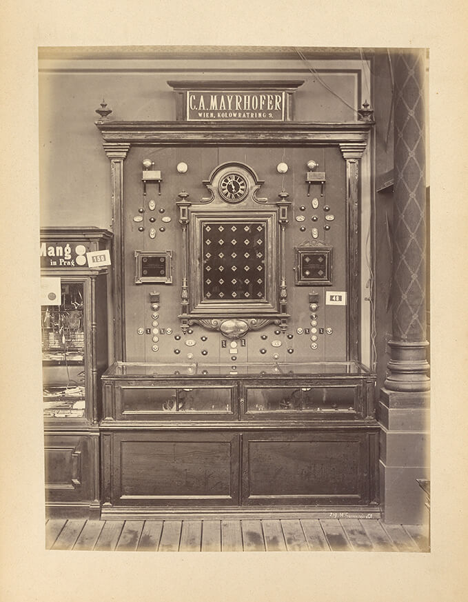 Telegraphen-Apparate von C. A. Mayrhofer bei der Wiener Weltausstellung 1873, Foto: Michael Frankenstein/Wiener Photographen-Association, Wien Museum 