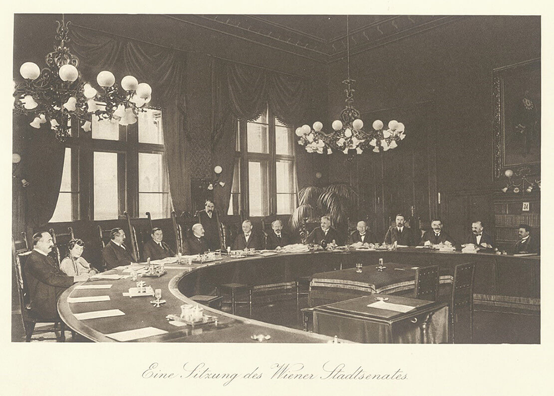 Sitzung des Wiener Stadtsenats, Vorsitz: Bürgermeister Karl Seitz, ca. 1926, Wienbibliothek im Rathaus 