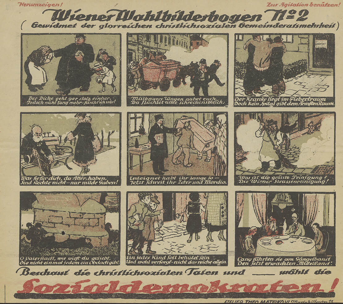 Die christlichsoziale Kommunalpolitik karikierende sozialdemokratische Wahlwerbung, 1919, Wienbibliothek im Rathaus 