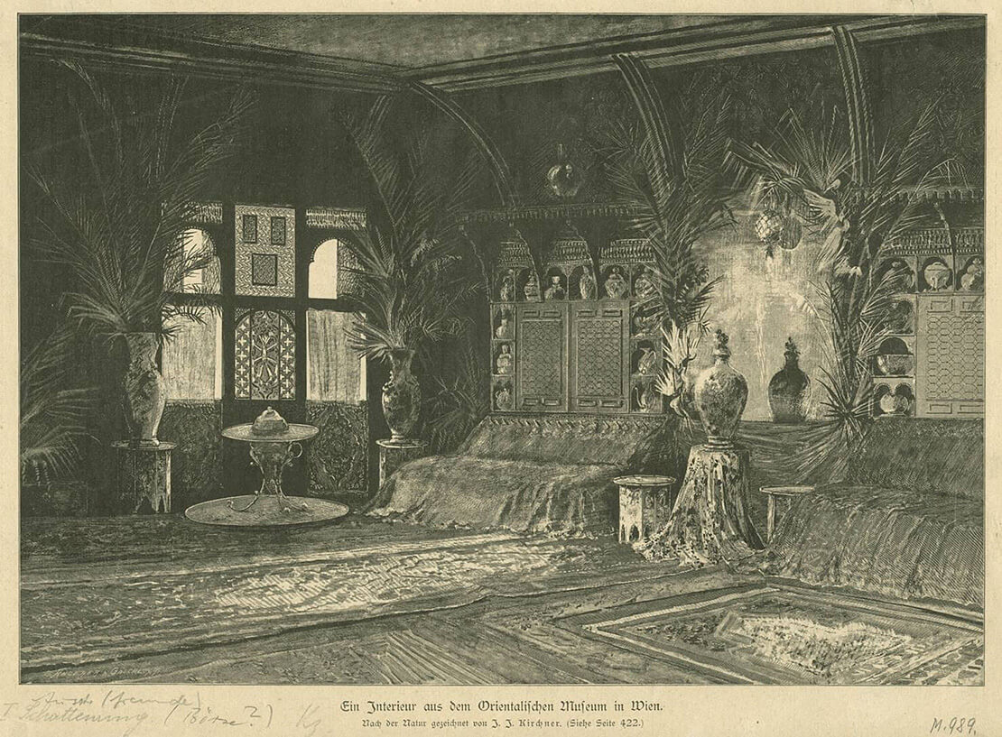 Johann Josef Kirchner: „Ein Interieur aus dem Orientalischen Museum“, Druck nach Zeichnung, 1883. Quelle: Neue illustrirte Zeitung, 1.4.1883, 420. 