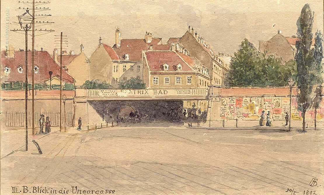Reklame für das Beatrixbad bei der Ungargasse, Aquarell von Adolf Albin Blamauer, 1892, Bezirksmuseum Landstraße 