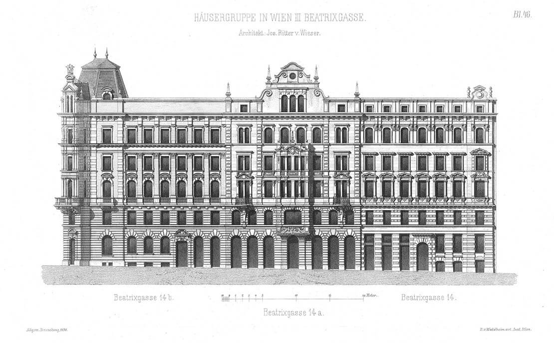 Im Hochparterre dieses Hauses in der Beatrixgasse 14a war das Beatrixbad untergebracht. Allgemeine Bauzeitung, 1890, Quelle: Anno/ÖNB 