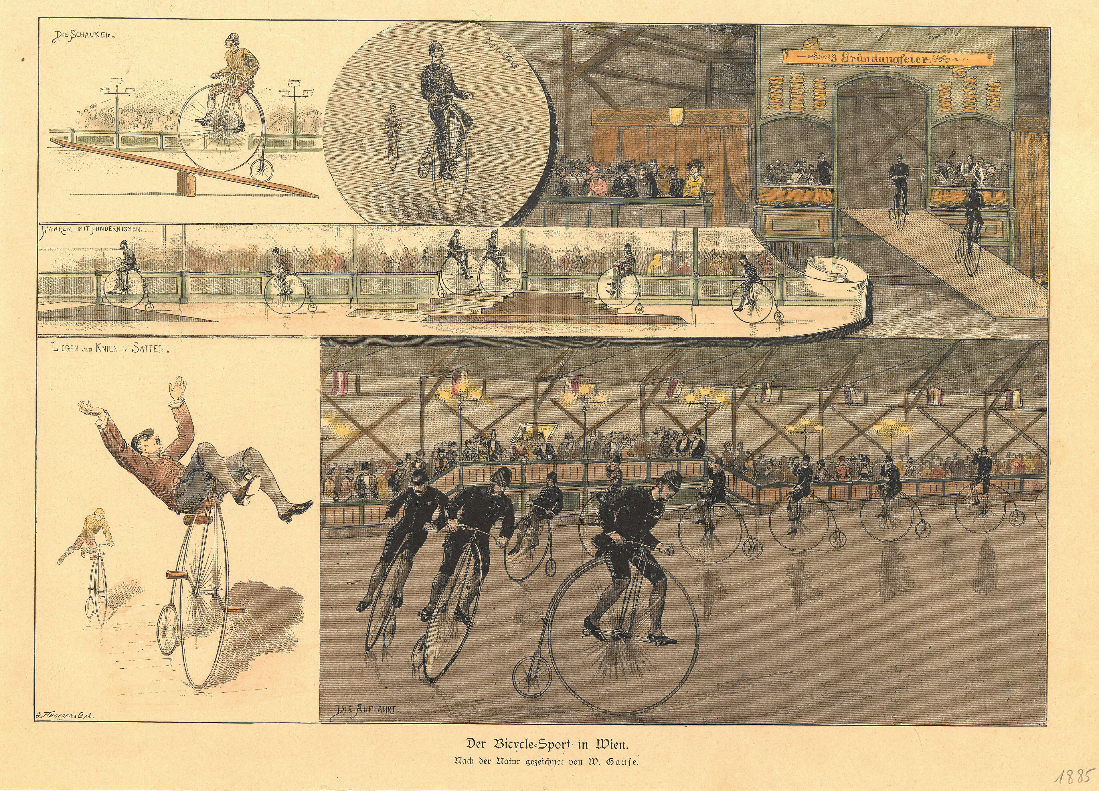 „Der Bicycle-Sport in Wien“, Zeitungsillustration, Nach der Natur gezeichnet von W. Gause, aus: Neue Illustrirte Zeitung, XIII. Jg., II. Bd., 1885, Wien Museum 