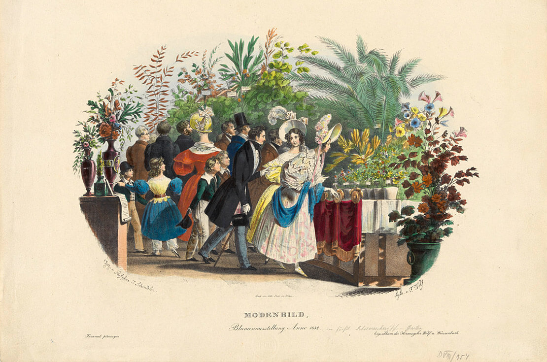 Blumenausstellung im Glashaus des Schwarzenberggartens, Farblithographie von J. Schindler und F. Wolf, 1832, Wien Museum 