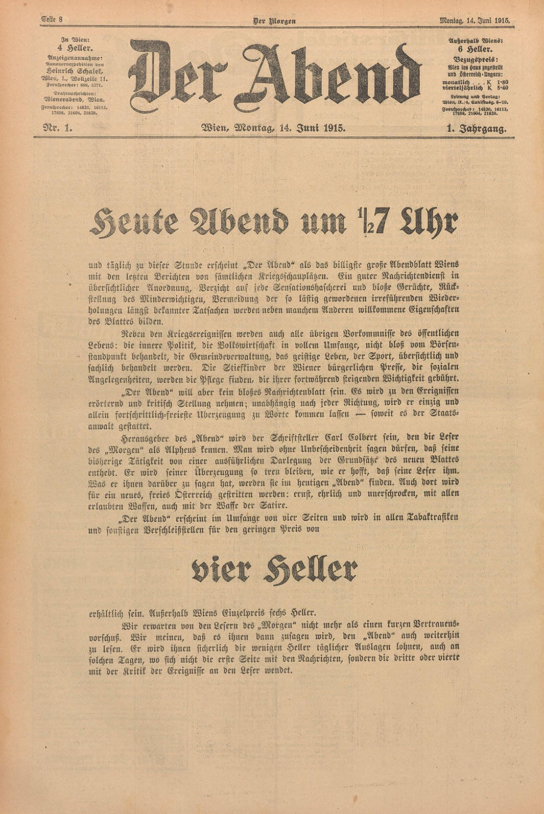 Erstausgabe „Der Abend“, 14. Juni 1915, Quelle: Anno/ÖNB 