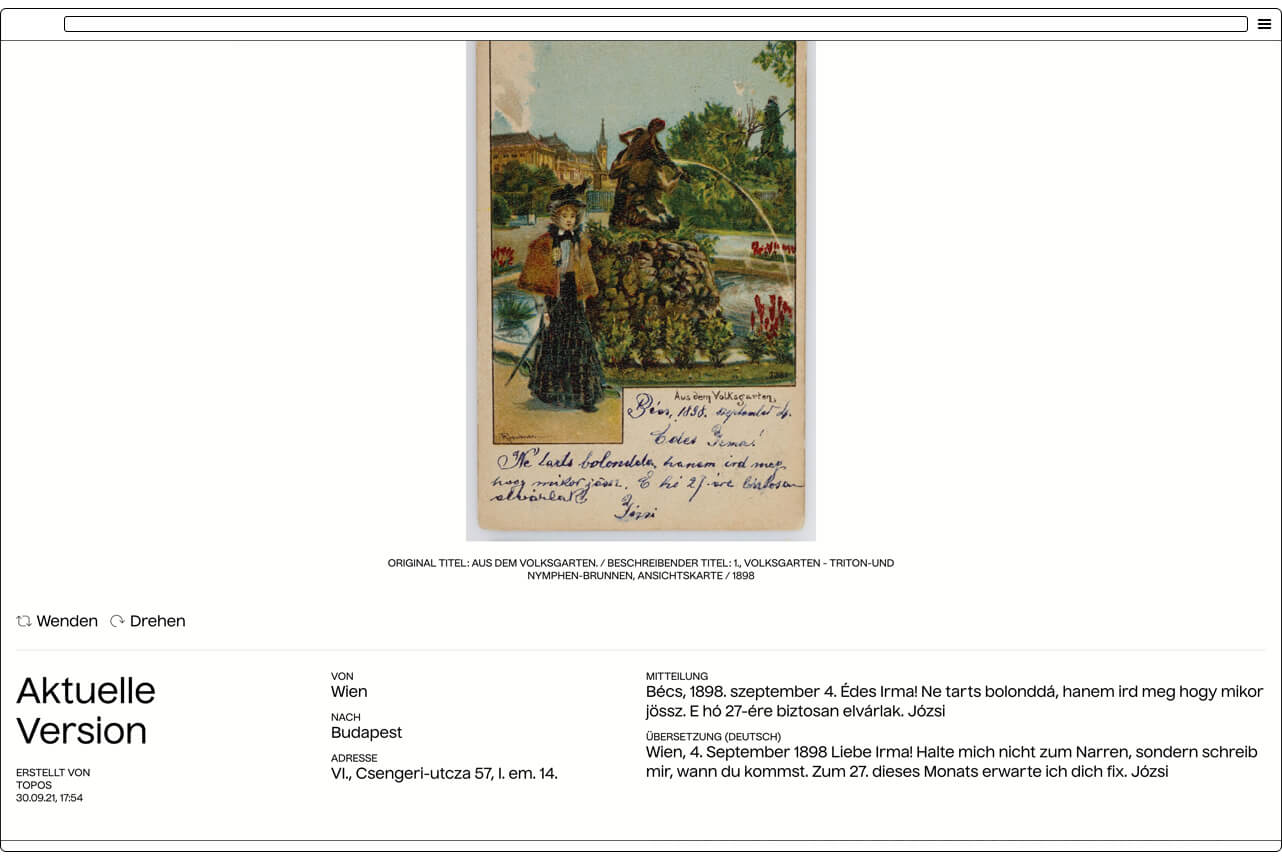 Transkribierte und übersetzte Ansichtskarte aus dem Ungarischen, 1898, Wien Museum 