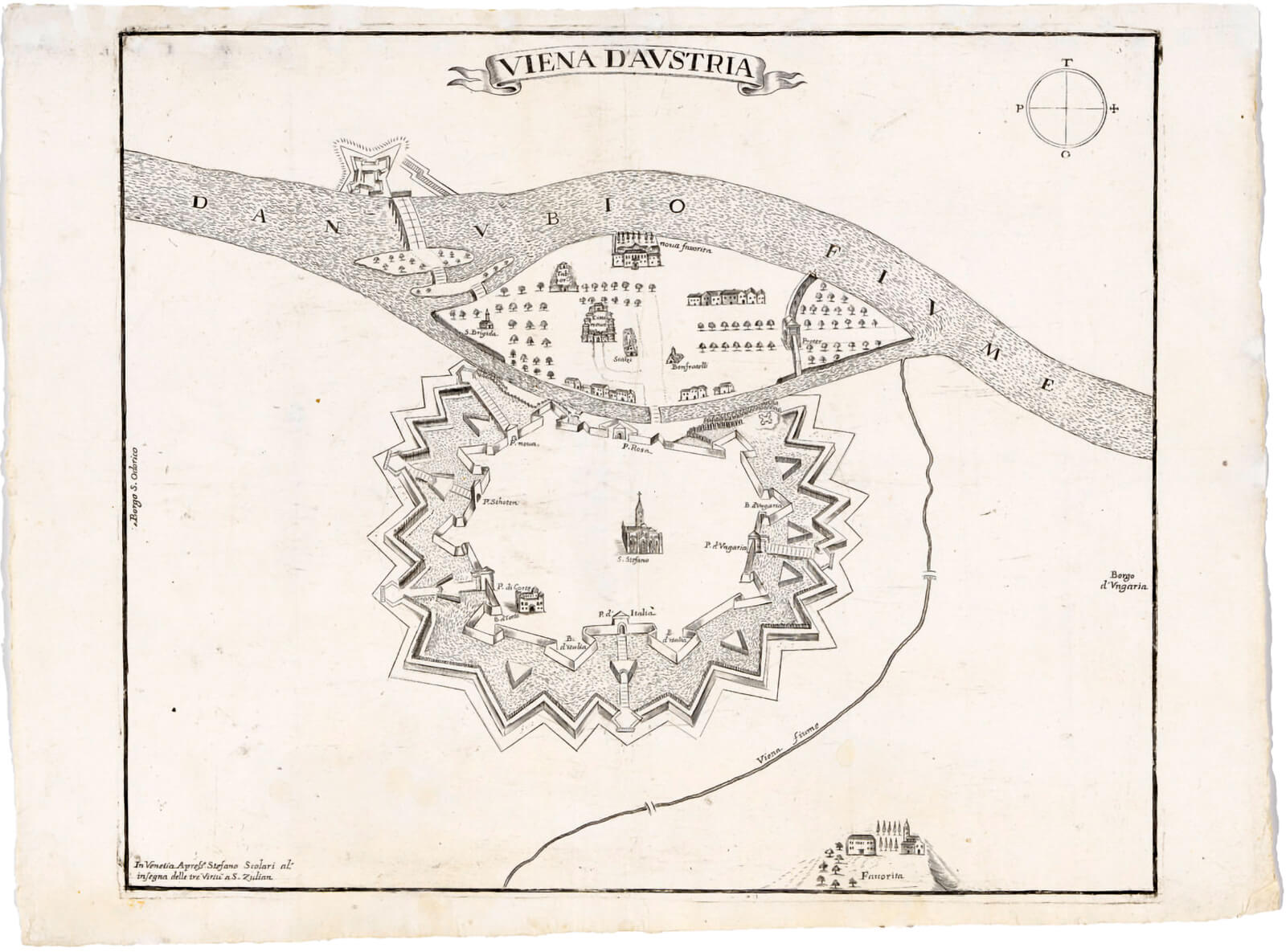 In Venedig publizierter Wien-Plan des 17. Jahrhunderts mit skizzenhafter Einzeichnung des jüdischen Ghettos, hier als „Citta nova“ bezeichnet. 