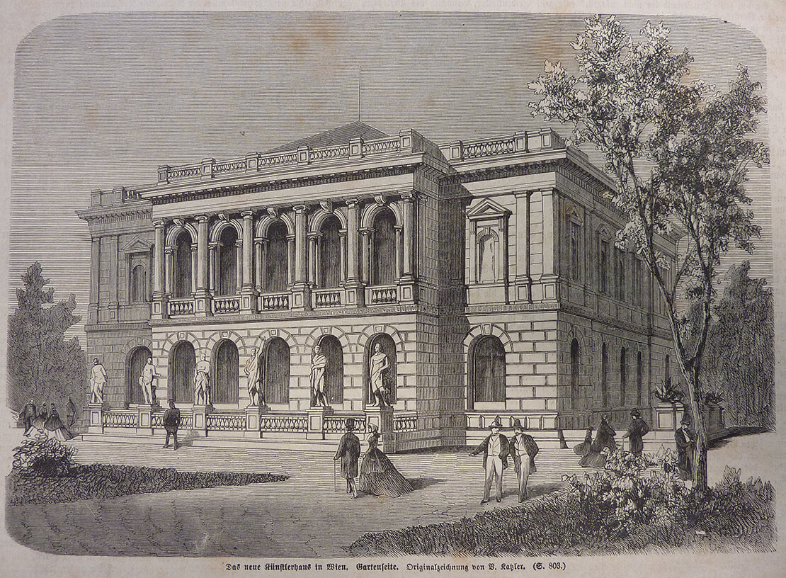 Das neue Künstlerhaus in Wien, Gartenseite, späte 1860er Jahre. Die Darstellung dürfte allerdings nicht naturgetreu sein. Wien Museum 