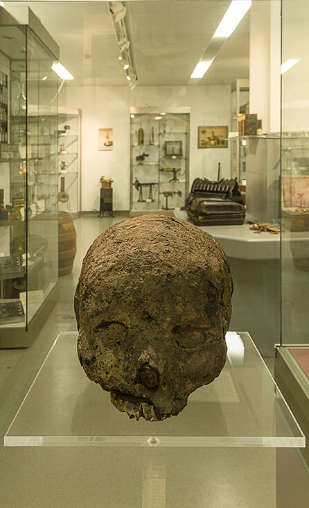 Der Mensch als Medizin: Mumifizierter Kopf in der Pharmaziehistorischen Sammlung, Department für Pharmakognosie, Universität Wien, Foto: Michaela Lindinger 