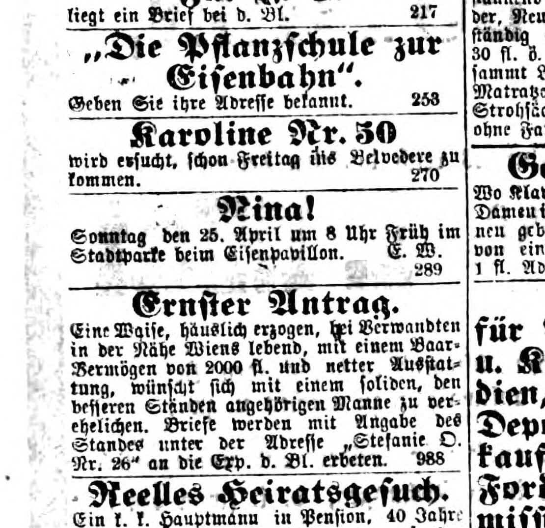 Ausschnitt aus dem Anzeigen-Teil des Neuen Wiener Tagblatts vom 22. April 1869 