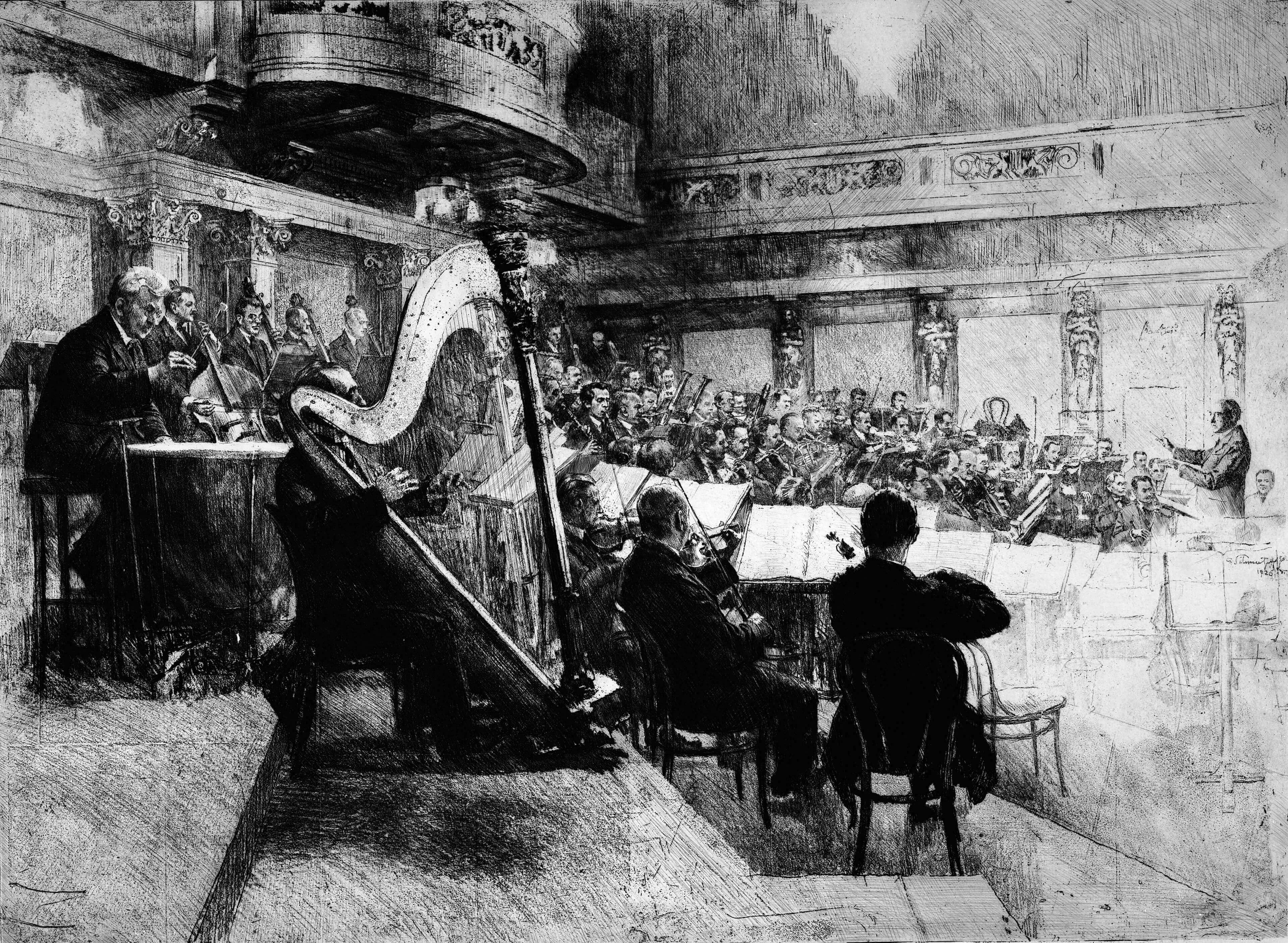 Ferdinand Schmutzer: Orchesterprobe der Wiener Philharmoniker unter Felix von Weingartner, 1926, Wien Museum 