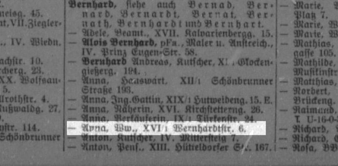 Thomas Bernhards Großmutter Anna in Adolph Lehmann's allgemeinem Wohnungs-Anzeiger, 1931, Quelle: Wienbibliothek im Rathaus 
