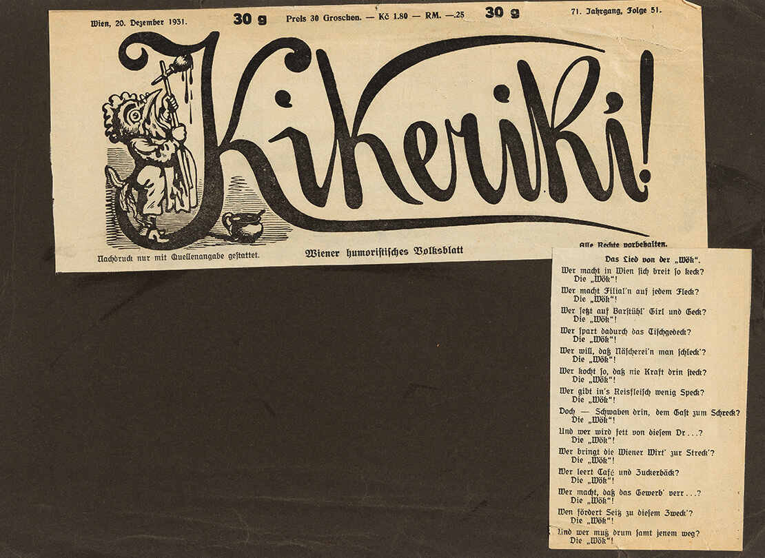 Spottlied auf die WÖK in der NSDAP-nahen Satire-Zeitschrift „Kikeriki!“, 1931, auf Karton geklebter Zeitungsausschnitt aus der Pressedokumentation der WÖK, Wien Museum 