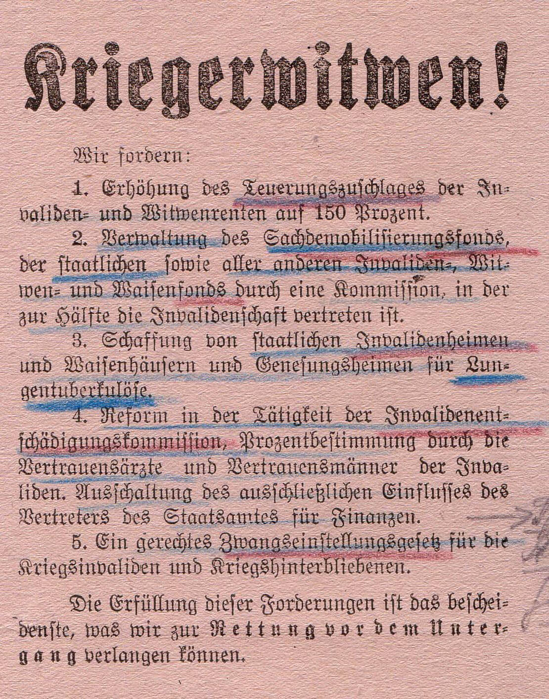 Flugblatt mit Forderungen der Kriegerwitwen, 1920, ÖStA/AdR, BMfSV, Kt 1372, Zl. 12074/1920 