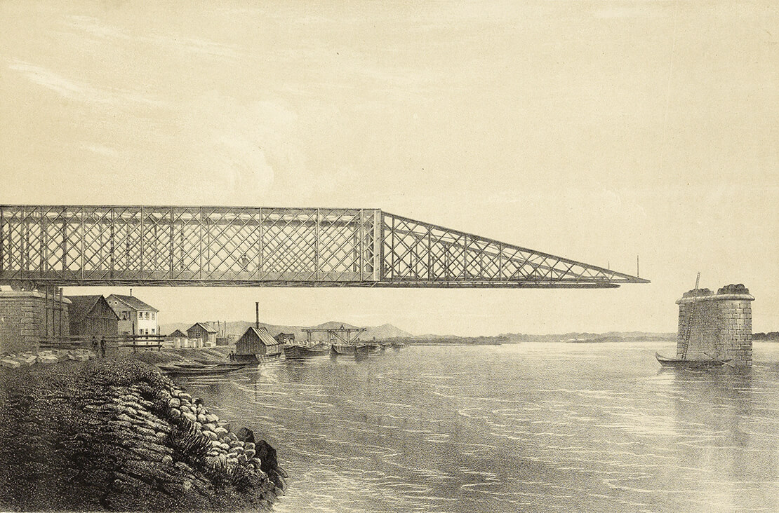 Donau-Brücke bei Stadlau (Ostbahnbrücke): Tragwerksvorschub, nach ein Fotografie von Hermann Voigtländer (aus: Allgemeine Bauzeitung, 1870), Wien Museum 