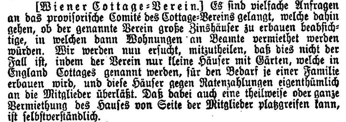„Es sind vielfache Anfragen …“, Vereinsnachrichten zur Neugründung des Cottage Vereins in der Neuen Freien Presse, 30. März 1872, S. 7, Quelle: Anno/ÖNB 